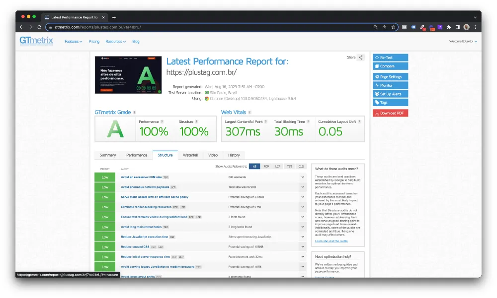 Gtmetrix - Informações sobre o desempenho do seu site