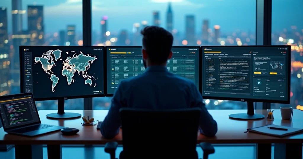 Profissional gerenciando configurações DNS em um painel de controle digital