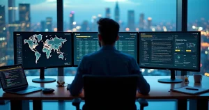 Profissional gerenciando configurações DNS em um painel de controle digital