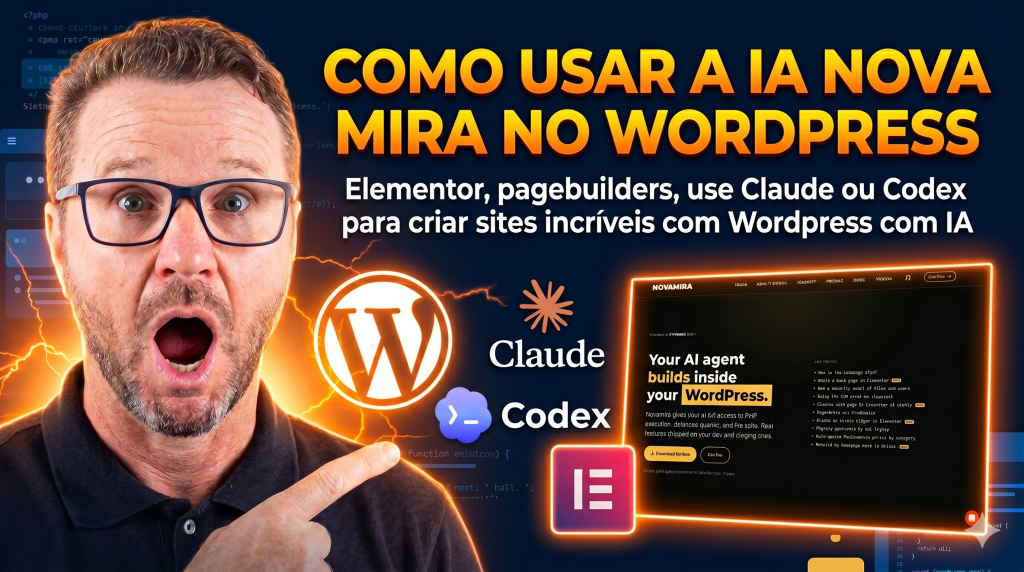 Desenvolvedor observando projeção 3D de site WordPress sendo montado por inteligência artificial