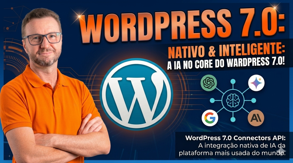 Interface futurista do WordPress 7.0 com painel de inteligência artificial ao centro