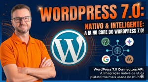 Interface futurista do WordPress 7.0 com painel de inteligência artificial ao centro
