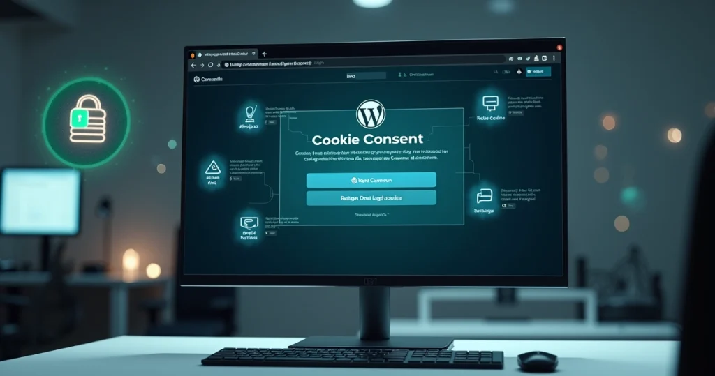 Banner de consentimento de cookies sobre site WordPress em tela com selo de proteção de dados