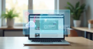 Painel transparente mostrando gráficos de desempenho e ícones de cache sobre um site em laptop aberto