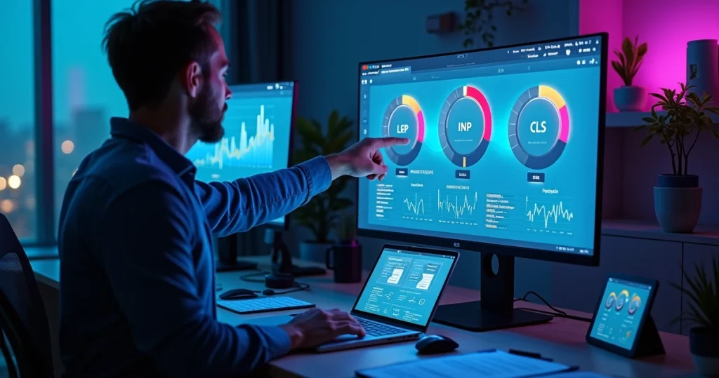 Profissional ajustando painel digital com métricas Core Web Vitals em tela grande