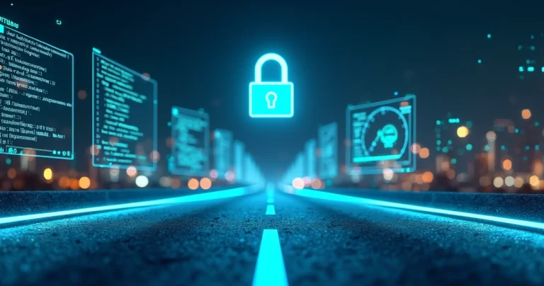 Estrada digital iluminada guiando um site veloz em direção a um cadeado de segurança