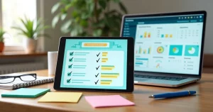 Mesa com tablet exibindo checklist digital ao lado de laptop com painel WordPress