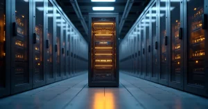 Rack de servidor dedicado com destaque em datacenter moderno