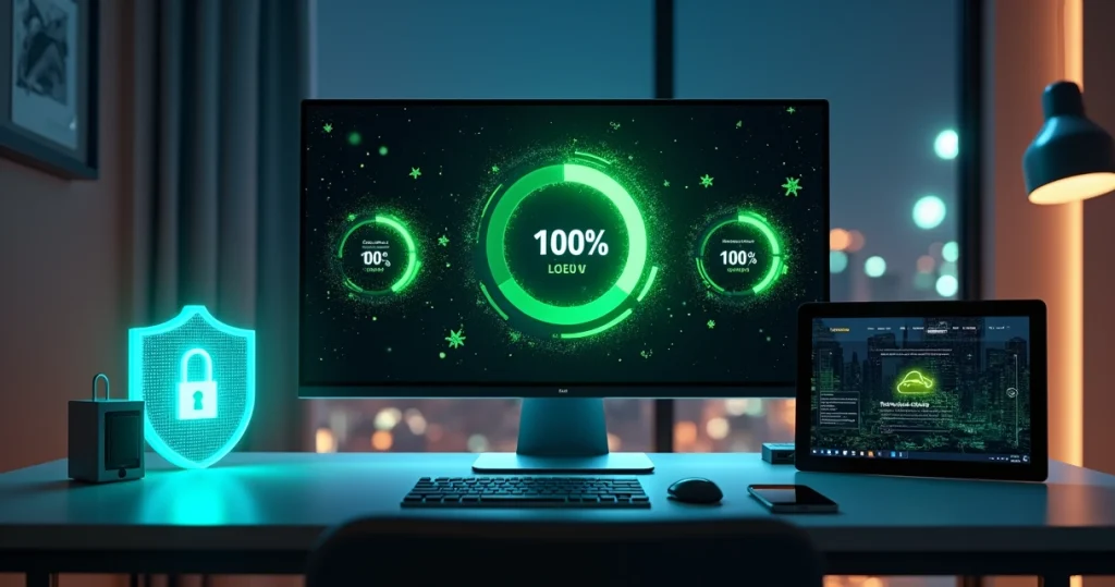Monitor com site rápido protegido por escudo digital e cadeado