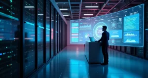 Empreendedor avaliando painel de servidor VPS em sala de servidores moderna