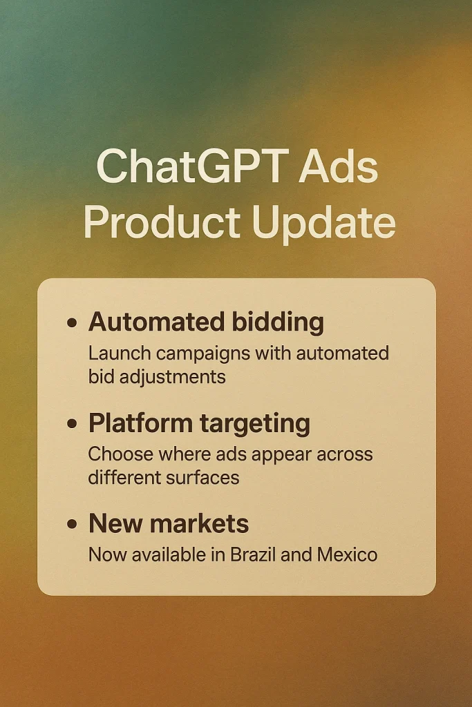 ChatGPT Ads ganha lances automáticos, mira por plataforma e chega a novos países