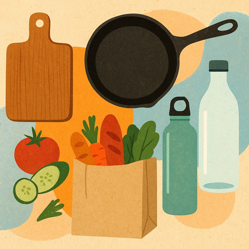 Cozinha, alimentos e garrafas reutilizáveis
