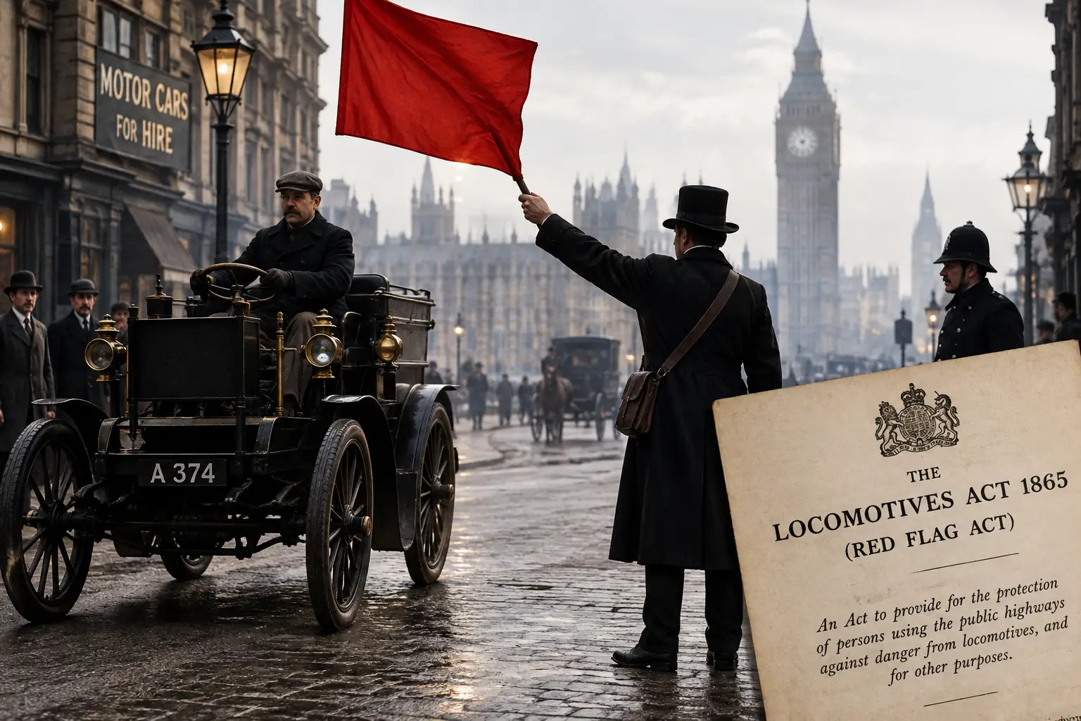 Homem com bandeira vermelha guia automóvel antigo em Londres, ilustrando o